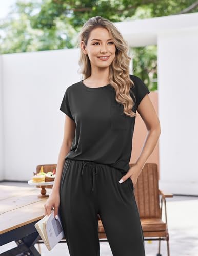 Ekouaer 2 Packs Pajamas for Women Set Cap Sleeve Top and Pants Soft Sleepwear Comfy Pjs Set with Pockets Lounge Set4