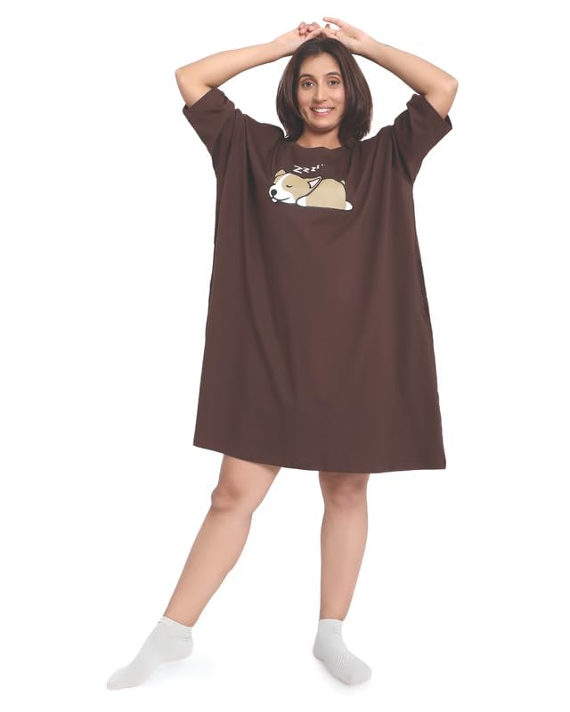 Image of LAMA STORE Women's Printed Oversized T-Shirt Dress, Cotton, 3 /4 Sleeve Length, Casual Loose Fit, Comfort Wear Extra Comfy Oversized Printed Pocket T-Shirt Dress