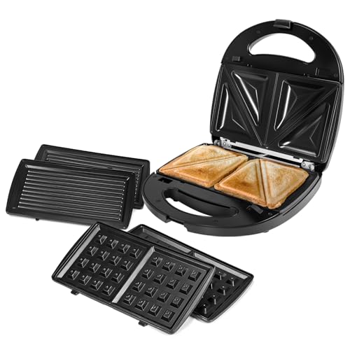 Appareil Croque Monsieur 3 en 1, 750W Gauffrier Multifonctions avec Revêtement Antiadhésif, Appareil Panini,Température Automatique, Témoin Lumineux...