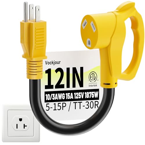 30 Amp to 110 Rv Adapter 3 Prong 12 Inch NEMA 5-15P Male to NEMA TT-30R Female Heavy Duty RV Electrical Adapter Cord for Camper STW 10AWG 15A 125V 1875W Yellow ETL Listed