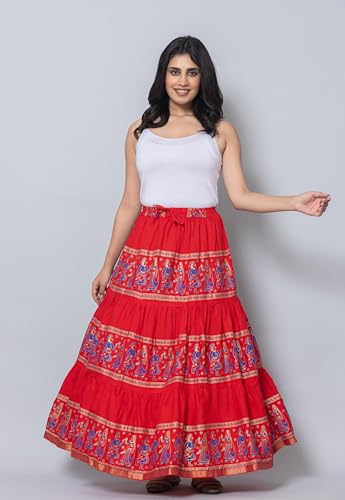 Image of Women's Cotton Printed Long Skirt | Ethnic Folk Print Tiered Maxi Skirt for Women | Elastic Waist Flared Boho Skirt | Traditional Casual for Women
