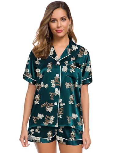Image of SWOMOG Womens Silk Satin Pajamas Set Short Sleeve Sleepwear Button Down Top and Shorts Loungewear 2 Piece Pjs Set XS-3XL