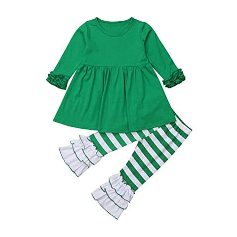 XARAZA Baby Kids Girls Christmas Outfits Ruffle Long Sleeve Dress + Stripe Legging Pants (3-4 T, Green) Cover