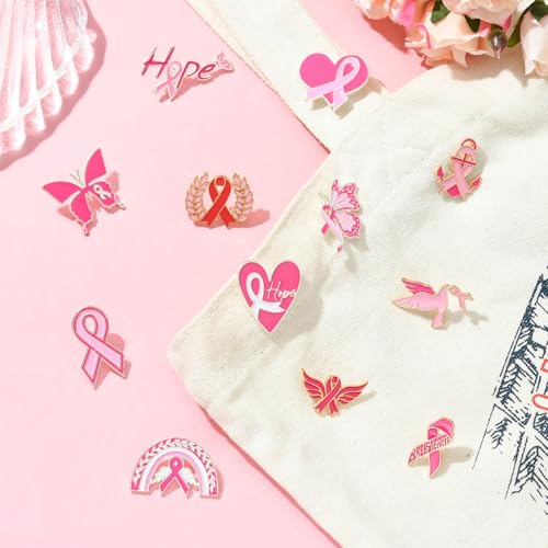 Image of Airssory 12 pcs 12 Styles Pink Awareness Ribbon Theme Alloy Enamel Brooches Breast Cancer Heart Hope Butterfly Lapel Pins for DIY Clothes Backpack Badge Jackets Craft Embellishment