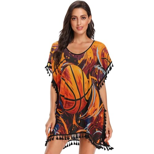Watercolor Basketball Art Women's Beach Cover Up Chiffon Tassel Swimwear Swimsuit Coverups for Girl