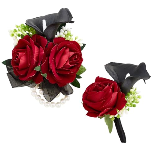 Sdfvsdg Red Rose Wrist Corsage Wristlet Band Bracelet and Boutonniere Set for Men Women Red Wedding Flower Prom Suit Accessories