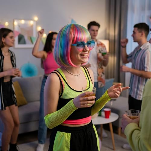 Image of Rainbow Wig, Colorful Wigs Set with Heart Sunglasses Hair Cap, Short Wigs for Women, Bachelorette, Cosplay and Halloween Costume, Fashion Rainbow Wigs for Daily Use and Special Events (Colorful)
