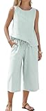 SEAUR Conjunto a rayas para mujer, sin mangas, cuello redondo, pantalones culotte, conjunto de descanso para vacaciones, fin de semana, cintura elástica con bolsillos laterales y en el pecho, verde