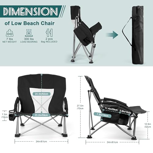 Image of HaSteeL Low Beach Chairs for Adults, Lightweight Camping Folding Chair with Carrying Bag, Portable for Outdoors Lawn Backyard Patio RV Trip Fishing Sport Tailgating, Support 300LBS, Black, 2 Pack