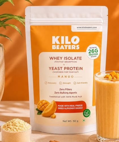 Image of KiloBeaters Whey Protein Isolate Powder with Yeast Protein Pack of 4 x 50g | Real Alphonso Mango | 26g Protein Per Scoop | High Protein Supplement for Muscle Recovery & Lean Muscle Support | Gut-Friendly | Zero Fillers | Monk Fruit Sweetened