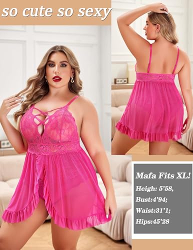Image of SSoShHub Women's Plus Size Lingerie Beautiful Babydoll Snap Crotch Lace Chemise Ruffles Nightwear Bodysuit with Babydoll