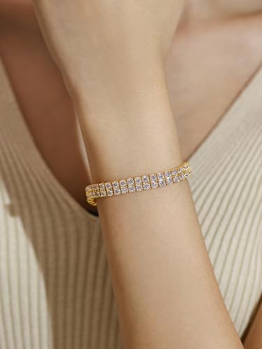 FANCIME Gold Moissanite Tennis Bracelet 11 Carats 2-Row Lab-Grown Diamond Bracelets 925 Sterling Silver Tennis Bracelet 3mm D Color VVS1 Round Cut Moissanite Bracelet for Women 7.5"2