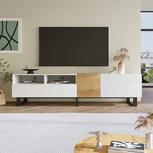 Jaxenor 180cm TV Schrank mit 2 Türen und 2 Offenen Fächern, TV Board mit Stauraum, Moderner Fernsehschrank mit 2 Schubladen, Fernseher Schrank für Wohnzimmer, Weiß und Holzfarbe