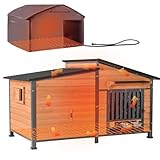 GUTINNEEN Extra Large 60" Heated Dog House Outdoor Dog Kennel with Safe Heated Pad, Chew-Proof Metal Frame and Rotating Food Bowl for Large Dog Breeds, 60" L x 36" W x35.4 H (Brown)