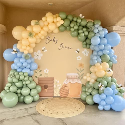 Image of 184Pcs Classic Cartoon Balloon Garland Arch Kit - Classic Bear Theme Party Decorations with Blue Yellow Sage Green Sand White Balloons for Baby Shower Girl Boy Birthday Party Decorations
