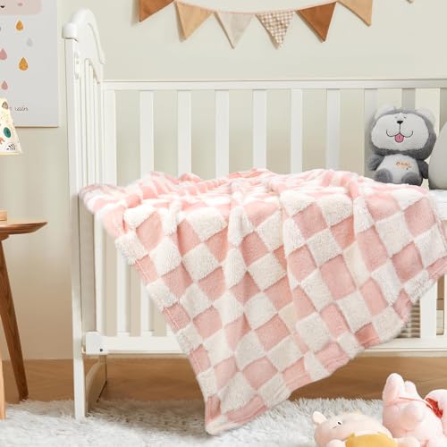 Image of HOMRITAR Pink Checkerboard Baby Blanket for Boys Girls Fluffy Fleece | Soft Plush Warm Throw Blanket for Infant Toddler Shower Gift Nursery Crib Bed Stroller All Season 30 x 40 Inch