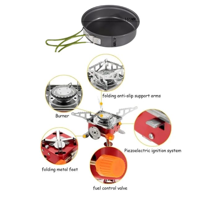 Image of 14-Piece Camping Cookware Mess Kit with Portable Gas Stove, Lightweight Nonstick Pot & Pan Set with Spork, Bowls, Sponge & Travel Bag - Compact Outdoor Cooking Gear for Backpacking, Hiking