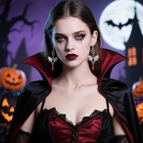 Gothic Dark Bat Earrings for Women Halloween Red Black Zirconia Vampire Earrings Vintage Witch Accessories Halloween Vampire Cosplay Costume Spooky Party Jewelry Accessories4