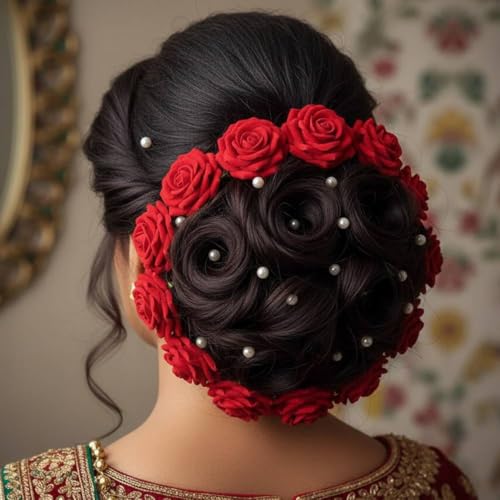 Image of Alvero Premium Red Rose Hair Pins for Women, Velvet Floral Realistic Juda Pins U-Pins for Bridal Hair Accessories (Pack of 6)