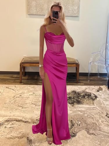 BOLENSYE Women's Mermaid Prom Dresses Satin Bridesmaid Dress Long Formal Evening Party Gown with Slit2