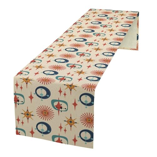 Image of Mid Century Modern Table Runner Abstract Style Colorful Geometric Atomic Star for Kitchen Dining Room Holiday Washable Quick Dry 13x36 Inch