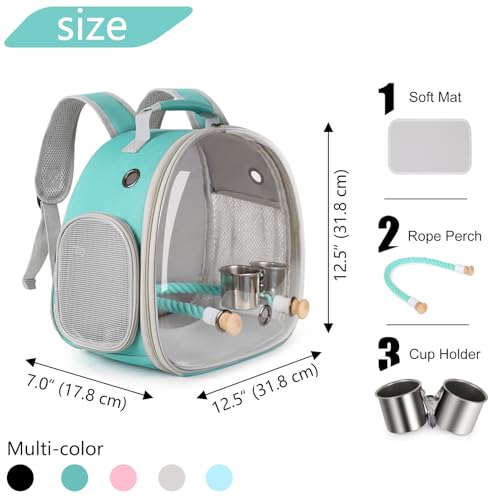 Image of Small Bird Travel Backpack Carrier Cage, Backpack to Transport Backpack Carrier with Clamp Cups Stand Perch for Parakeet Cockatiel Budgies Vet Carry Book Bag Green