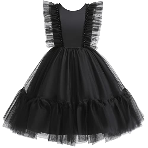 Weileenice Black Flower Girl Formal Dress Ruffle Puffy Tulle 6 7 Junior Bridesmaid Wedding Pageant Birthday Party Funeral Ball Gown Beads Kids Princess Fancy Holiday Photo Shoot Reception Prom Dresses #TOP27