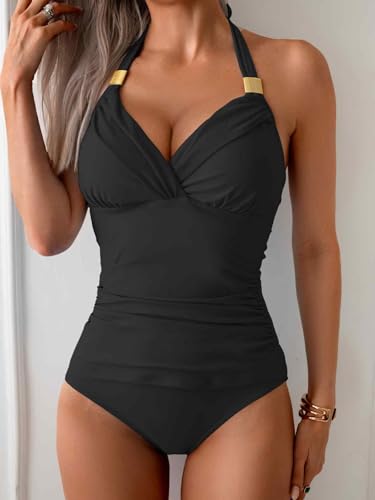 B2prity Women's Halter Tankini Set Tummy Control Swimsuit Mesh V Neck Two Piece Bathing Suit with High Waisted Bottom3