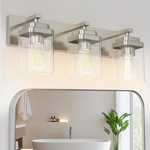 Image of Brushed Nickel Bathroom Light Fixtures, 3 Lights Bathroom Lighting Fixtures Over Mirror, Square Design & Rectangle Large Backplate, Modern Vanity Lighting Fixtures, for Living Room /Bedroom