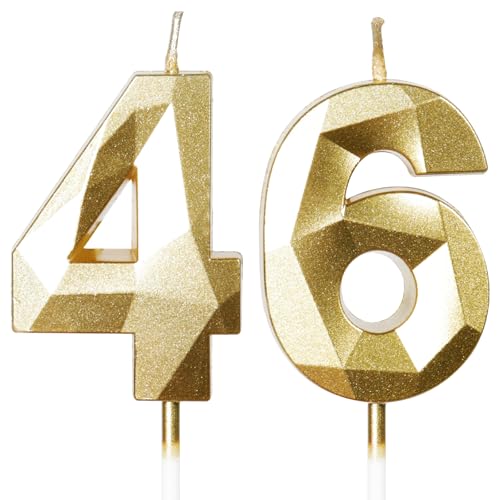 Yiran Velas de aniversário 46 anos dourado, decorações para homens e mulheres, número 46 3D para bolo, top de vela dourado, suprimentos para festas, casamentos e aniversários