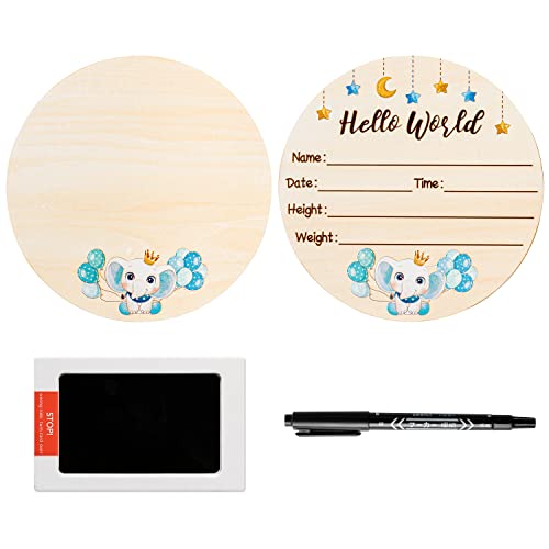 Image of R HORSE Baby Birth Announcement Sign with Ink Pad and Marker Pen for Hand and Footprints - Double Sided Blue Elephant Newborn Announcement Sign for Baby Boy Shower Keepsakes