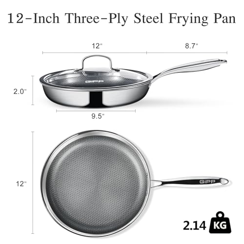 Image of GiPP Tri-Ply Stainless Steel Frying Pan with Lid, 12 inch Hybrid Frying Pans Nonstick Skillets, Dishwasher and Oven-Safe, Induction Ready, Compatible with All Cook tops, PFOS /PFOA Free