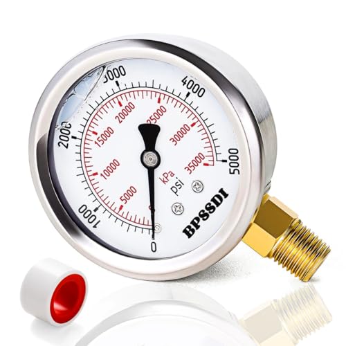 Image of 0-5000 Psi Glycerin Liquid Filled Hydraulic High Pressure Gauge, 2.5 inch Dial Size, 1 /4 inch NPT Lower Mount, 304 Stainless Steel Case, for Water Oil Air Gas Pressure Test