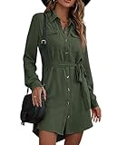 LIZALIG Belted Shirt Dresses for Women - Button Up Collared Style, Long Sleeve Work Dresses with Waist Definition Green