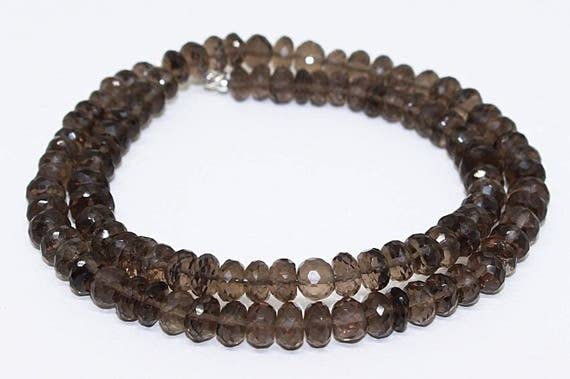 Collier perles quartz fumé naturel facetté 6,5 mm, bijoux pierres véritables 190 Cts