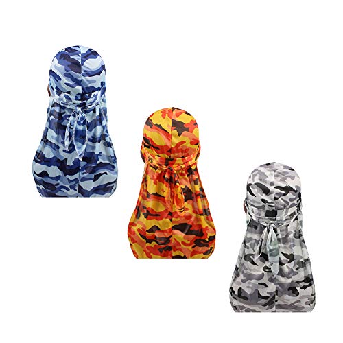 Military Premium Blue Camo Silky Durag 360 Waves Long Tail Doo Rag Cap for Men Women Waves (Set3)