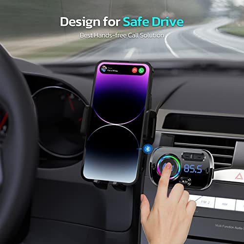 Bluetooth FM Transmitter for Car, Bluetooth 5.0 Wireless Car Adapter with QC3.0 & 5V/2.4A Dual Charging Port, Easy Attached to Air Vent, Hands Free Car Kit, Music Player (TB27), Black