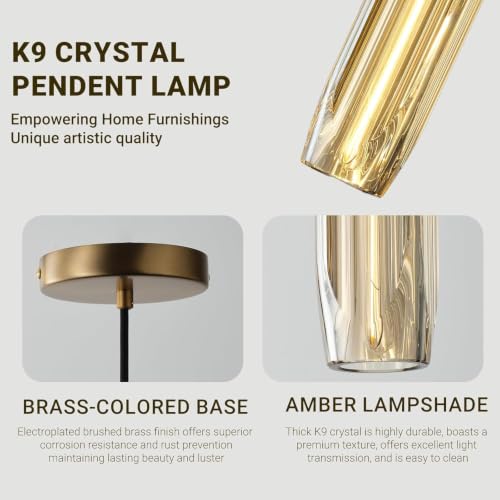 Image of 11.8 inch Modern Pendant Light Fixture with Amber Crystal Lampshade, Adjustable Hanging Ceiling Pendant Lighting for Kitchen Island Dining Room Bar Counter