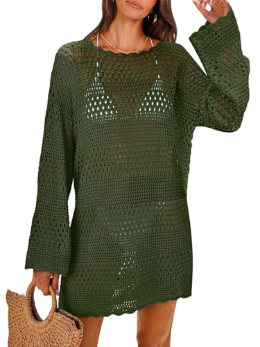 ANRABESS Women Swimsuit Crochet Swim Cover Up 2026 Summer Bathing Suit Swimwear Mesh Knit Beach Dress Vacation Outfits Army Green Large