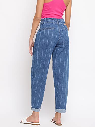 Image of Tales & Stories Women's Striped Blue Cotton Regular Fit Ankle Length Jeans-Y114411