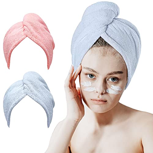 Loofah Bath Microfiber Hair Towel Wrap for Women,Fast Drying Hair Turban Soft 2 Pack 10 inch X 26 inch,Super Absorbent Quick Dry Hair Turban for Drying Curly, Long & Thick Hair (Blue+Pink)