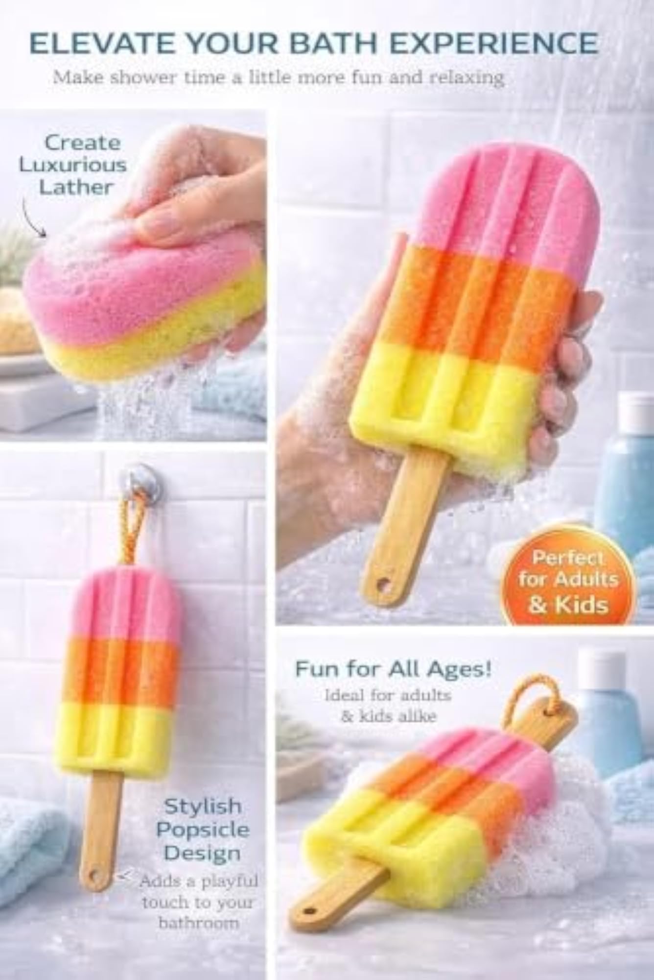 Ice Cream Bath Sponge with Wooden Handle, Soft Exfoliating Scrubber