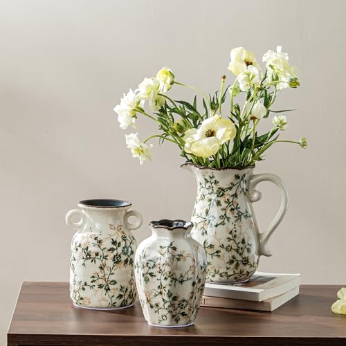 Image of Ceramic Flower Vases Set of 3 | Green Rustic Farmhouse Vase Set for Home Decor, Vintage Floral Decorative Vase for Living Room & Kitchen, Mantel & Bookshelf, Centerpieces, Entryway(5.7+5.9+7.1Inch)