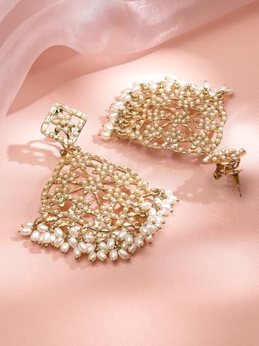 Image of Rubans Chandbali Earrings Kundan Pearl Beads Traditional Wedding Jewellery for Women & Girls