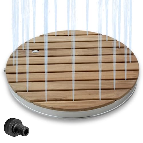 holz4home® Bodendusche als Gartendusche oder Pooldusche I Rund aus Teakholz und Aluminium I Höhenverstellbarer Wasserstrahl mit Fußrad I Saunadusche Outdoor mit Gartenschlauchanschluss