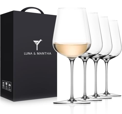 White Wine Glasses Set of 4, 14oz Crystal Hand Blown, Long Stem, Gift