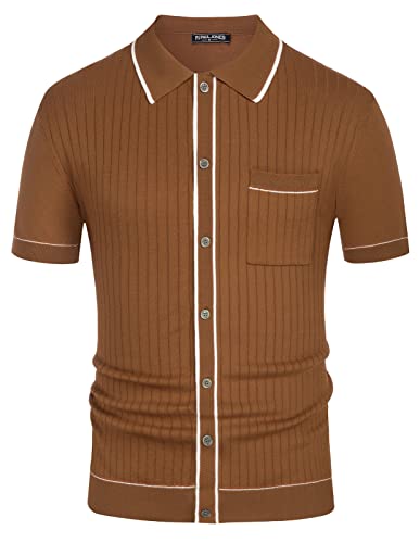 PaulJones Polo básico para hombre, corte regular, manga corta, botones, sudadera casual, café, XL Cover