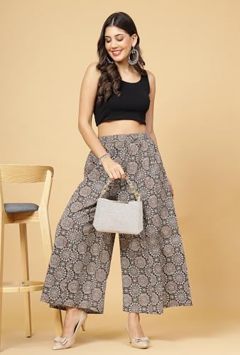 Image of Pistaa's Women's Regular Fit High Rise Pure Cotton Big Flair Printed Regular Palazzo