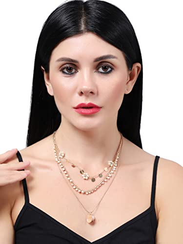Layered Pearl Seed Bead Metal Charm Drop Necklace