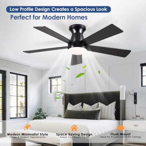 Image of Mpayel 46'' Black Low Profile Ceiling Fan with Light and Remote Flush Mount